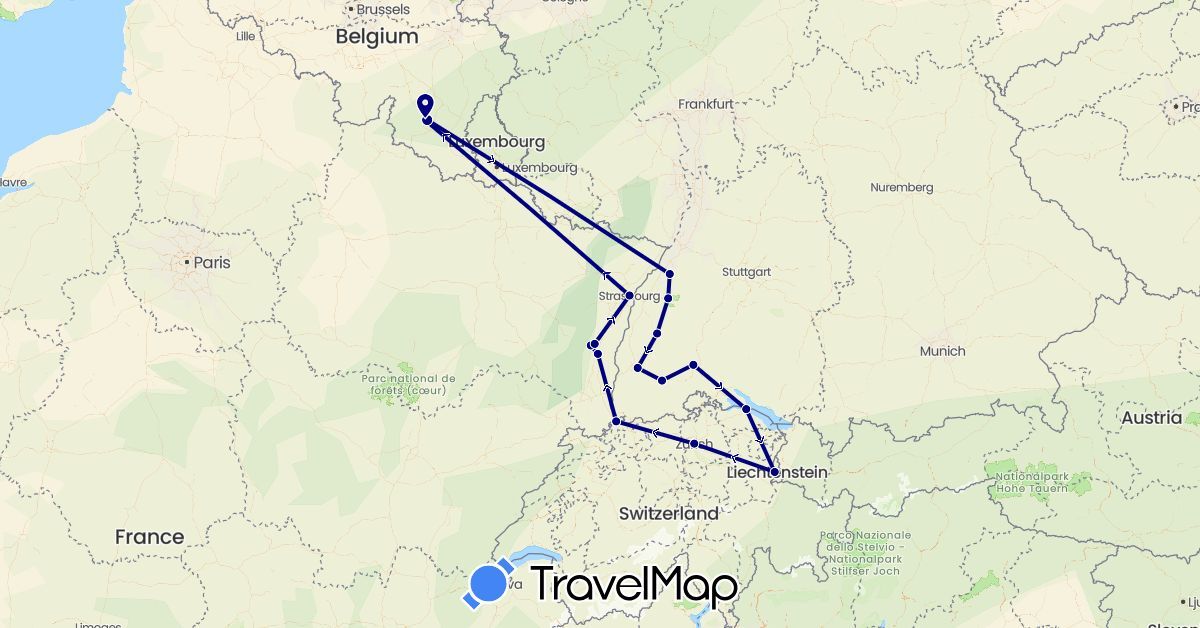 TravelMap itinerary: driving in Belgium, Switzerland, Germany, France, Liechtenstein (Europe)